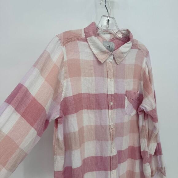 Rails Charli Pip Peach Blus White Plaid Linen Blend Button Down Shirt Large - Picture 4 of 8